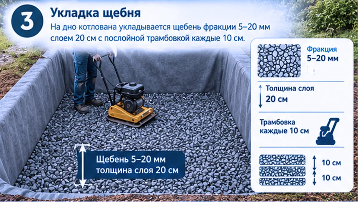 На дно котлована укладывается щебень фракции 5-20 мм слоем 20 см с послойной трамбовкой каждые 10 см.